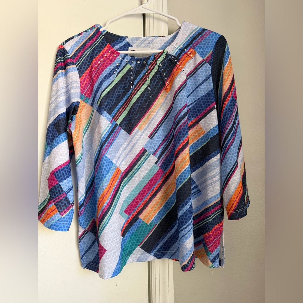 Alfred Dunner Blue Multicolor Geometric Stripe Tunic